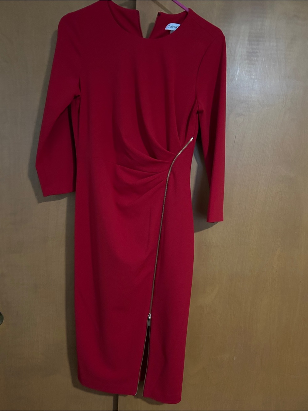 Calvin Klein Red Midi Sheath Dress with Diagonal Zip Detail
